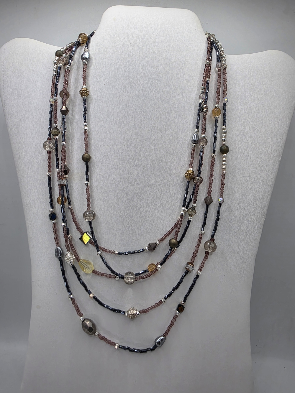 Vintage Cookie Lee 5 Layered Faceted Crystal Beads Earthtone Metallic Necklace